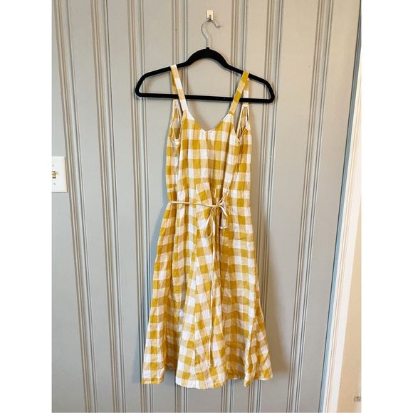 Reformation Beverly Linen Wrap Dress Yellow White Check, Size XS, Deep V Neck 💛 - Picture 9 of 12